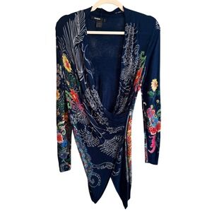 T3 Y2K VTG Desigual Navy Blue Floral Asymmetrical Draped Wrap Light Sweater